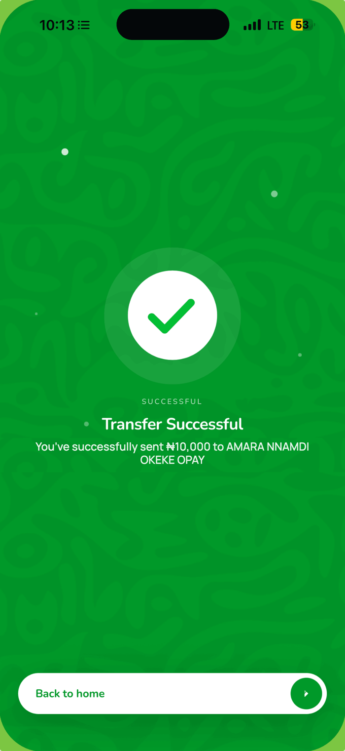 Transfer successful screen