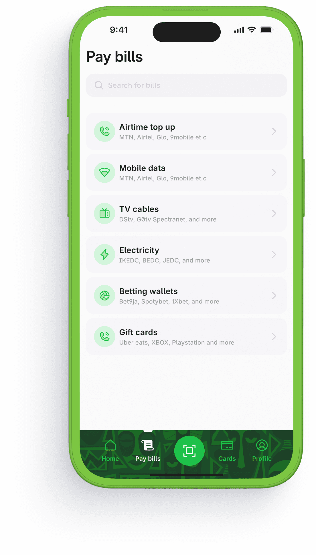Monica app bill payment screen. Airtime, data, TV, electricity, betting