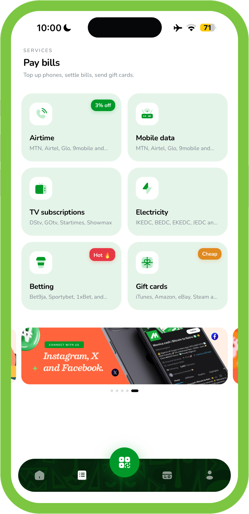 Monica app bill payment screen. Airtime, data, TV, electricity, betting