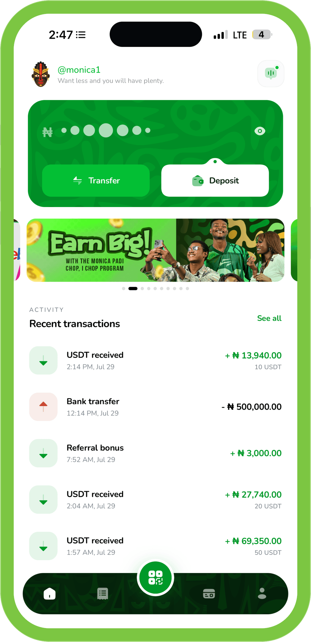 Monica app wallet showing naira balance, transfer, trade and transaction history