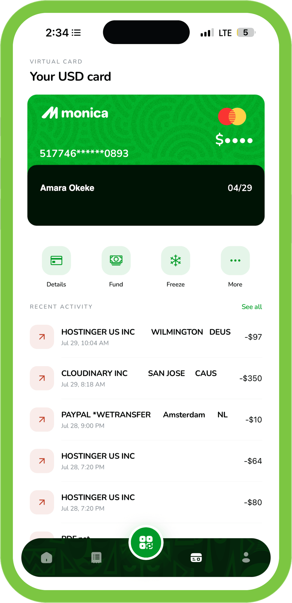 Monica app virtual dollar card screen