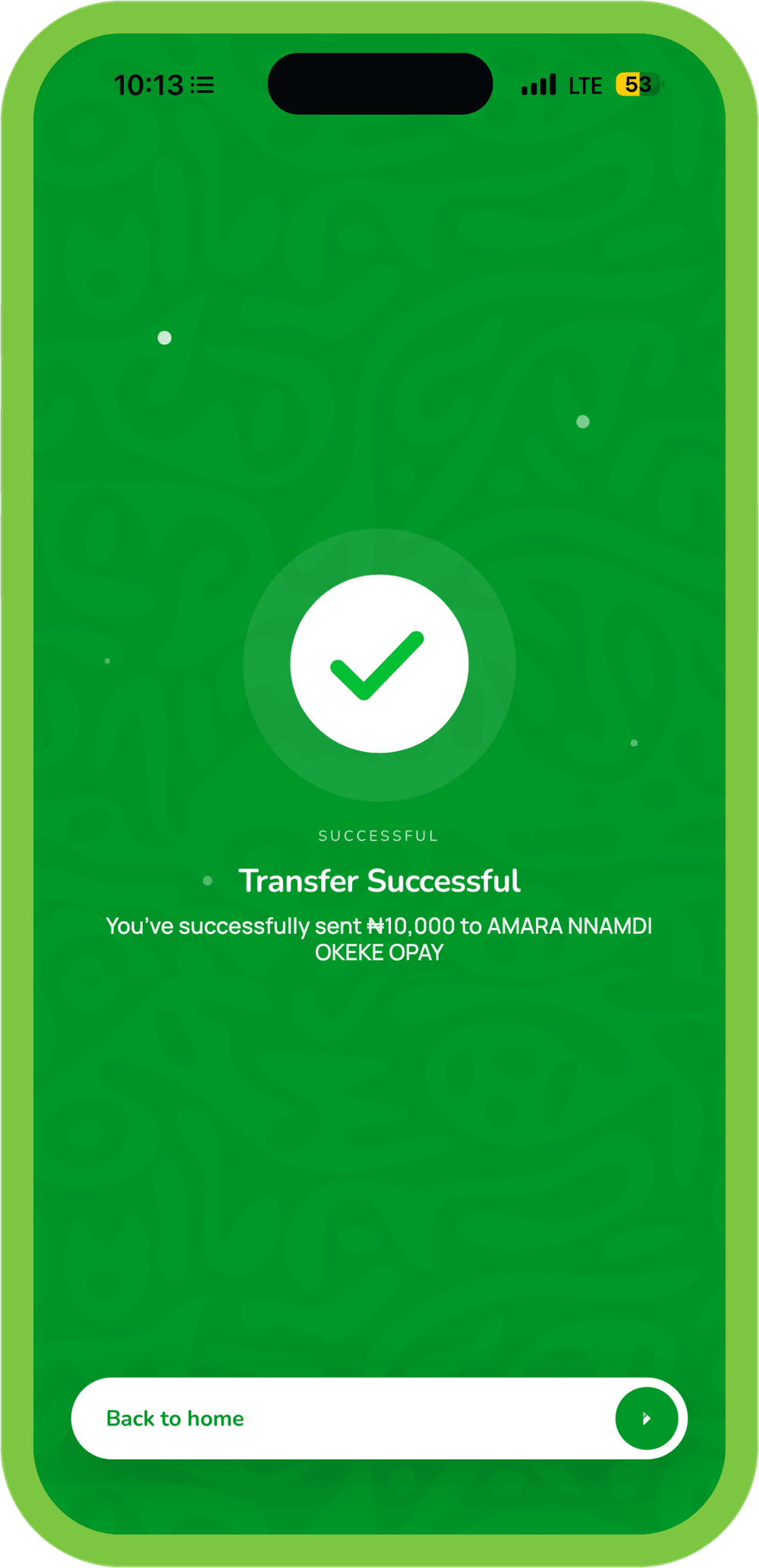 Monica app transfer successful confirmation screen